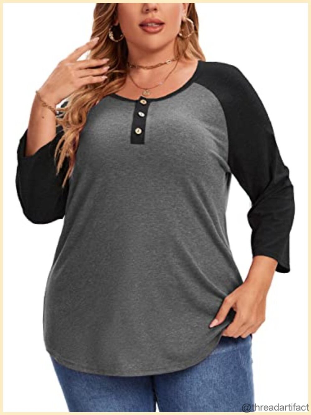 Rinethy Womens Plus Size 3/4 Sleeve Tunic Blouse Button V-Neck Color Block Top